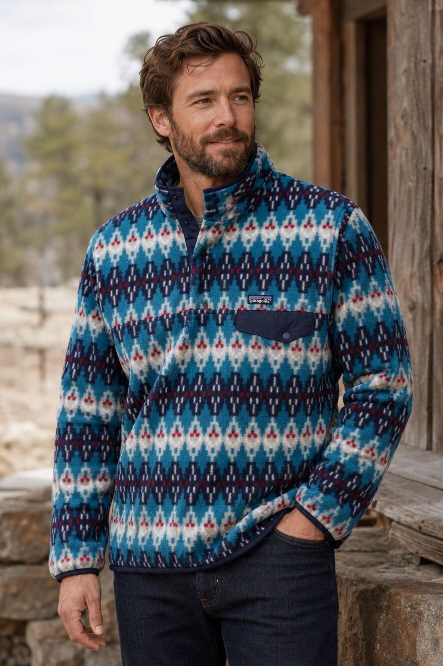 Patagonia RARE Synchilla Snap-T Pullover in the vibrant "Forest Carpet" Aztec ge